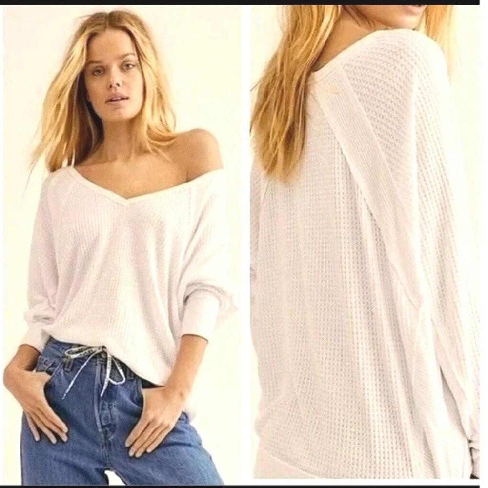 Free People Santa Clara Thermal Top White V-Neck Waffle Knit Oversized Large
